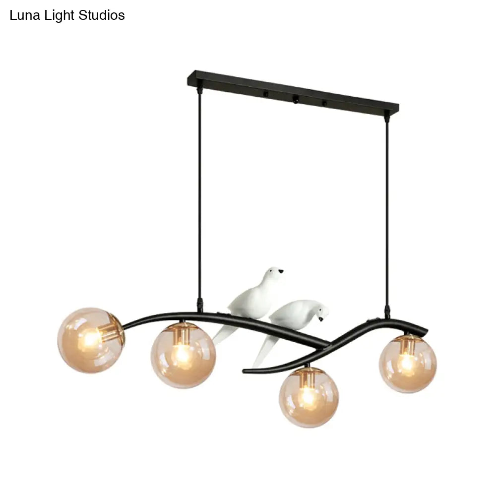 DecorBites™ Contemporary Metal Branch Hanging Lamp Island Pendant - 4-Light Black/Gold with Bird Deco and Smoke Grey/Cognac Glass Shade