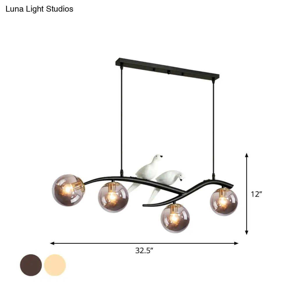 DecorBites™ Contemporary Metal Branch Hanging Lamp Island Pendant - 4-Light Black/Gold with Bird Deco and Smoke Grey/Cognac Glass Shade