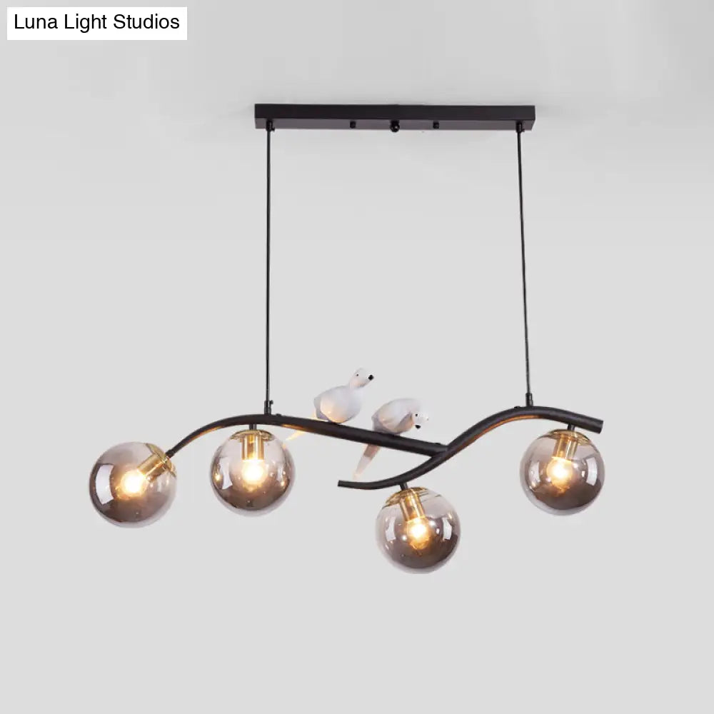 DecorBites™ Contemporary Metal Branch Hanging Lamp Island Pendant - 4-Light Black/Gold with Bird Deco and Smoke Grey/Cognac Glass Shade