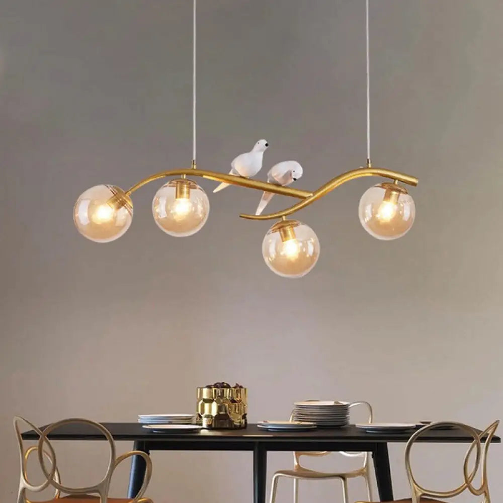 DecorBites™ Contemporary Metal Branch Hanging Lamp Island Pendant - 4-Light Black/Gold with Bird Deco and Smoke Grey/Cognac Glass Shade
