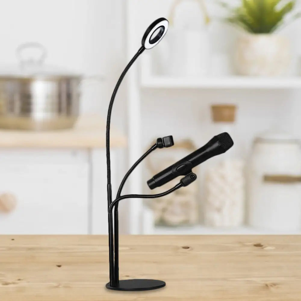 DecorBites™ Contemporary Metal Circular Vanity Light with USB LED Fill Lighting and Mobile Phone Support - Sleek Black Finish