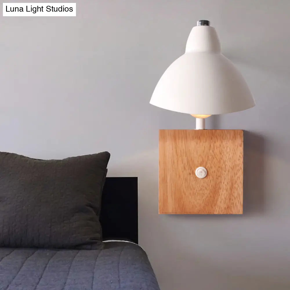 DecorBites™ Contemporary Metal Wall Lamp - White Wall Light Sconce with Square Wooden Backplate