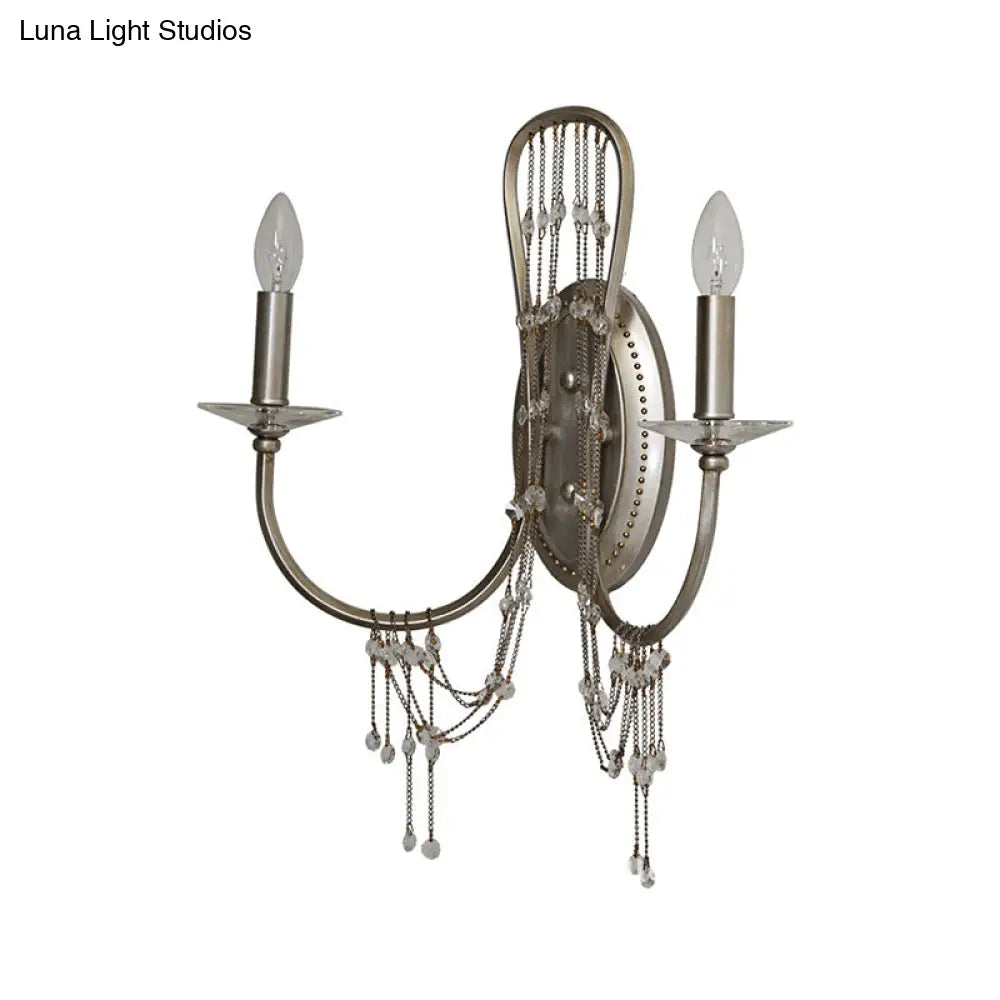 DecorBites™ Contemporary Metallic Candelabra Wall Light Sconce - 2-Light Crystal Bedroom Lighting - Nickel Finish with Curved Arm