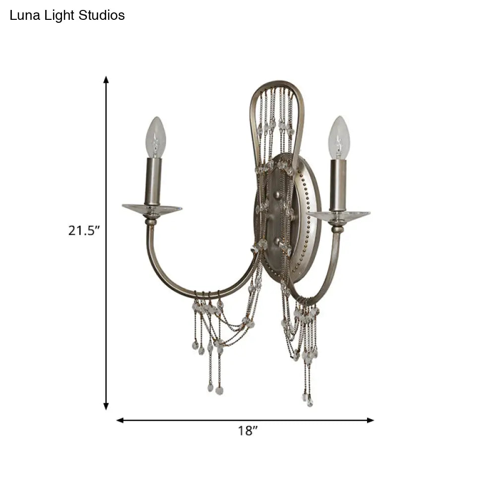 DecorBites™ Contemporary Metallic Candelabra Wall Light Sconce - 2-Light Crystal Bedroom Lighting - Nickel Finish with Curved Arm