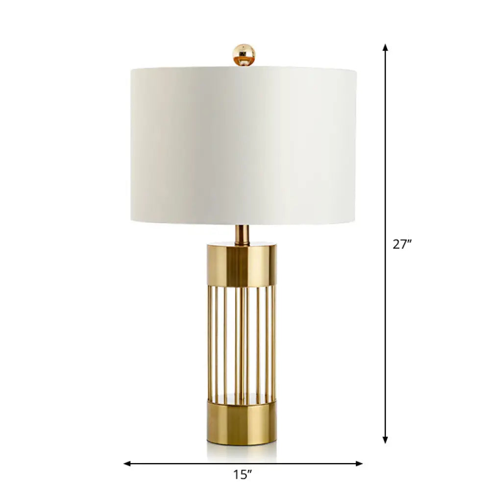 DecorBites™ Contemporary Metallic Cylinder Table Light - Single-Bulb Bedside Lamp with White Drum Fabric Shade
