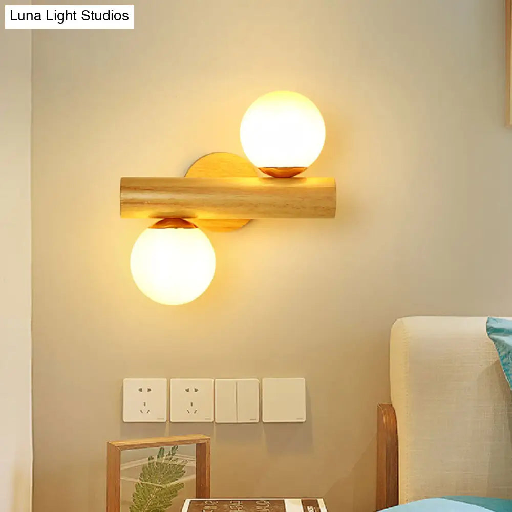 DecorBites™ Contemporary Milk Glass Wall Lamp with Wooden Base - 2 Lights in White for Bathroom