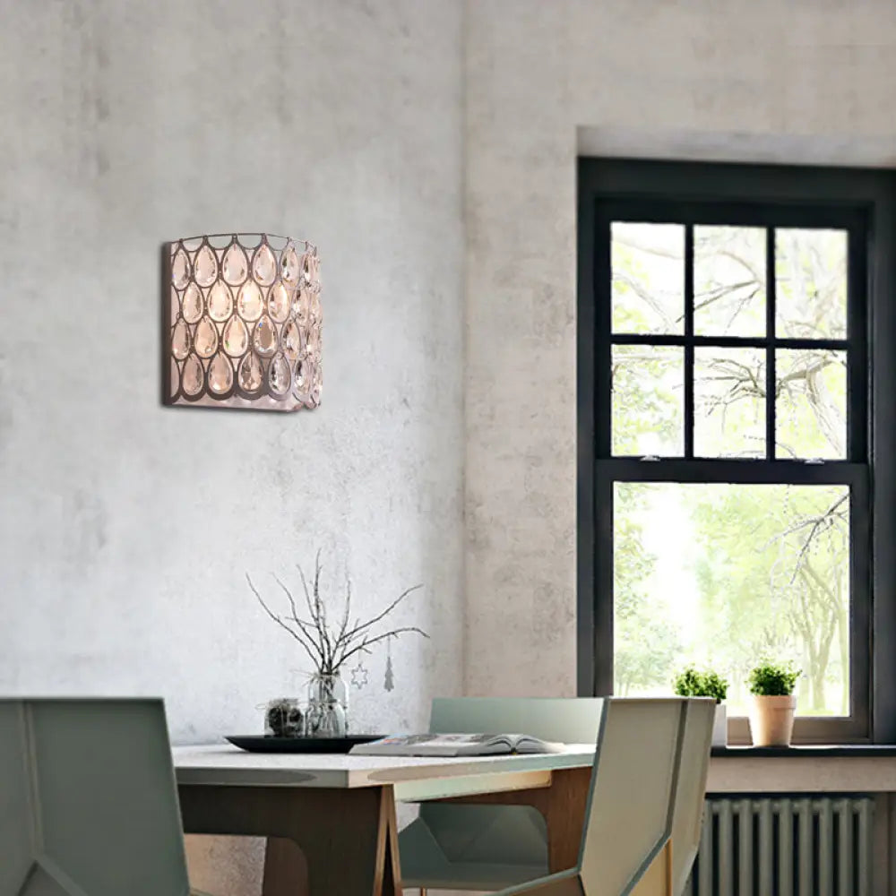 DecorBites™ Contemporary Teardrop Crystal Wall Sconce - White Cylinder Shade - Wall Mounted Light