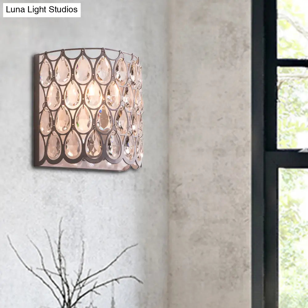 DecorBites™ Contemporary Teardrop Crystal Wall Sconce - White Cylinder Shade - Wall Mounted Light