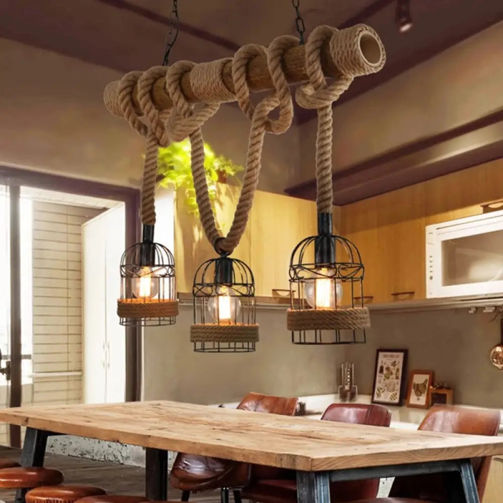 DecorBites™ Country Style Bamboo Hanging Lamp - 3 Lights, Linear Design - Perfect for Restaurants, With Hemp Rope
