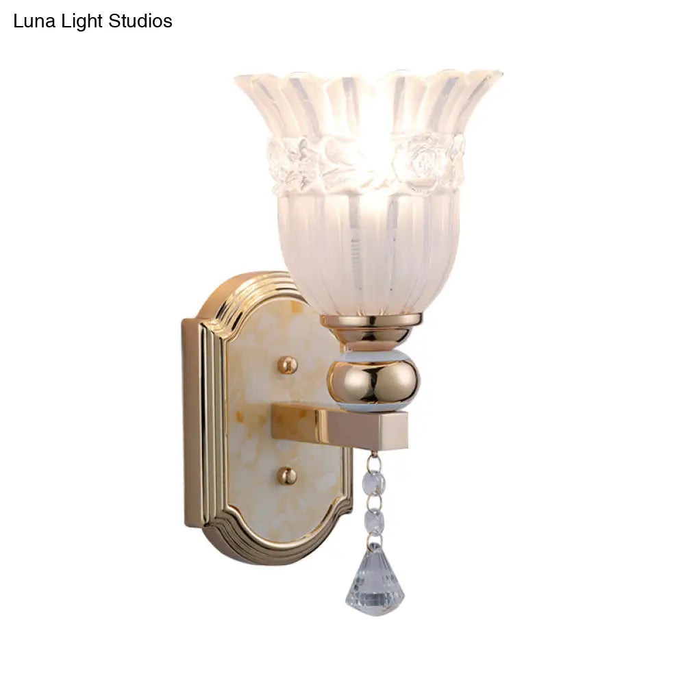 DecorBites™ Country Style Frosted Glass Floral Wall Sconce Lamp - Gold Finish Wall Lighting Fixture for Corridor