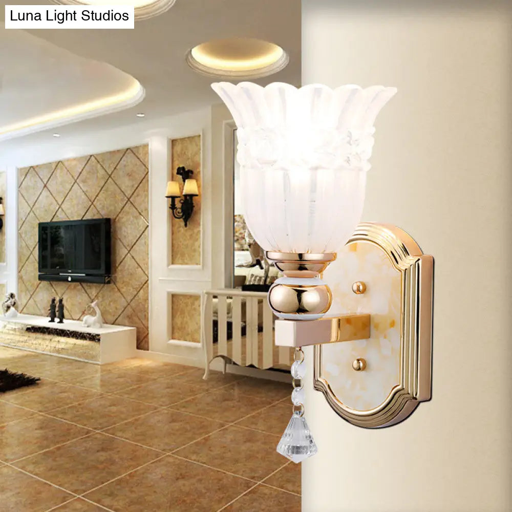 DecorBites™ Country Style Frosted Glass Floral Wall Sconce Lamp - Gold Finish Wall Lighting Fixture for Corridor
