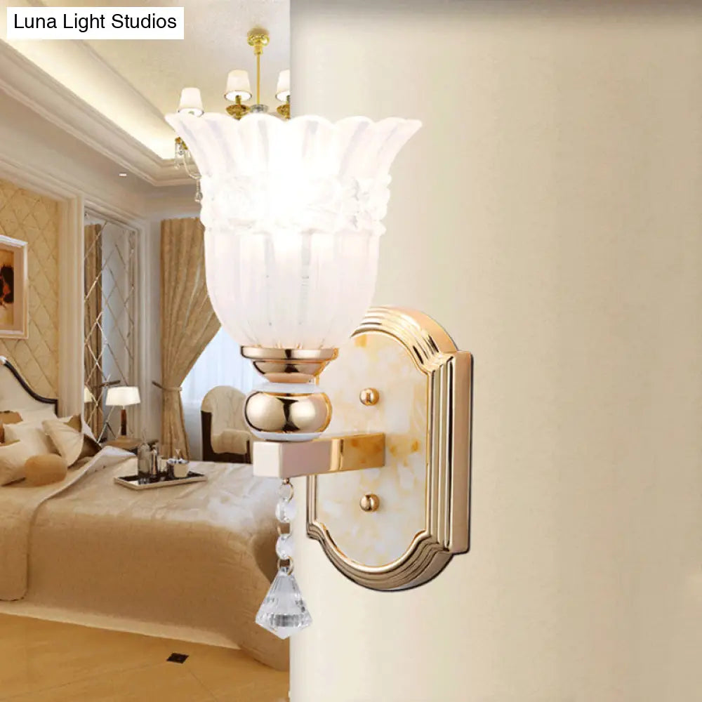 DecorBites™ Country Style Frosted Glass Floral Wall Sconce Lamp - Gold Finish Wall Lighting Fixture for Corridor