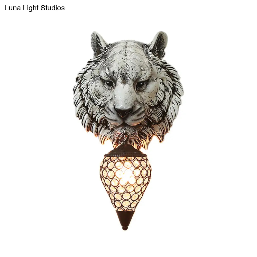 DecorBites™ Country Style Tiger Sconce Wall Lamp for Children's Room - Yellow/Gray Resin with Clear Crystal Shade and 1 Bulb