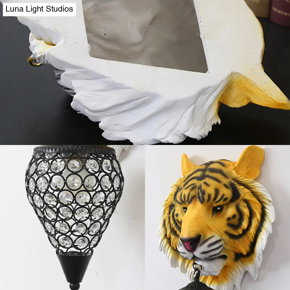 DecorBites™ Country Style Tiger Sconce Wall Lamp for Children's Room - Yellow/Gray Resin with Clear Crystal Shade and 1 Bulb