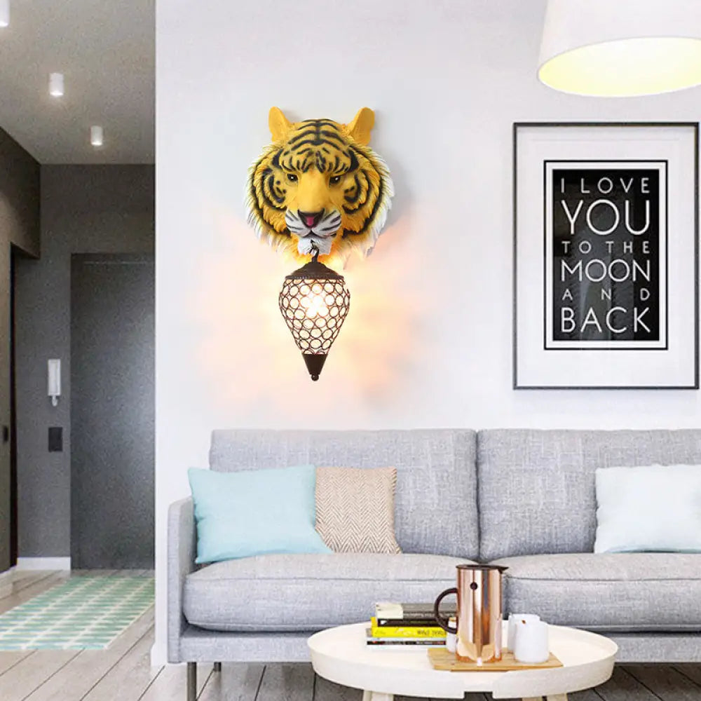 DecorBites™ Country Style Tiger Sconce Wall Lamp for Children's Room - Yellow/Gray Resin with Clear Crystal Shade and 1 Bulb