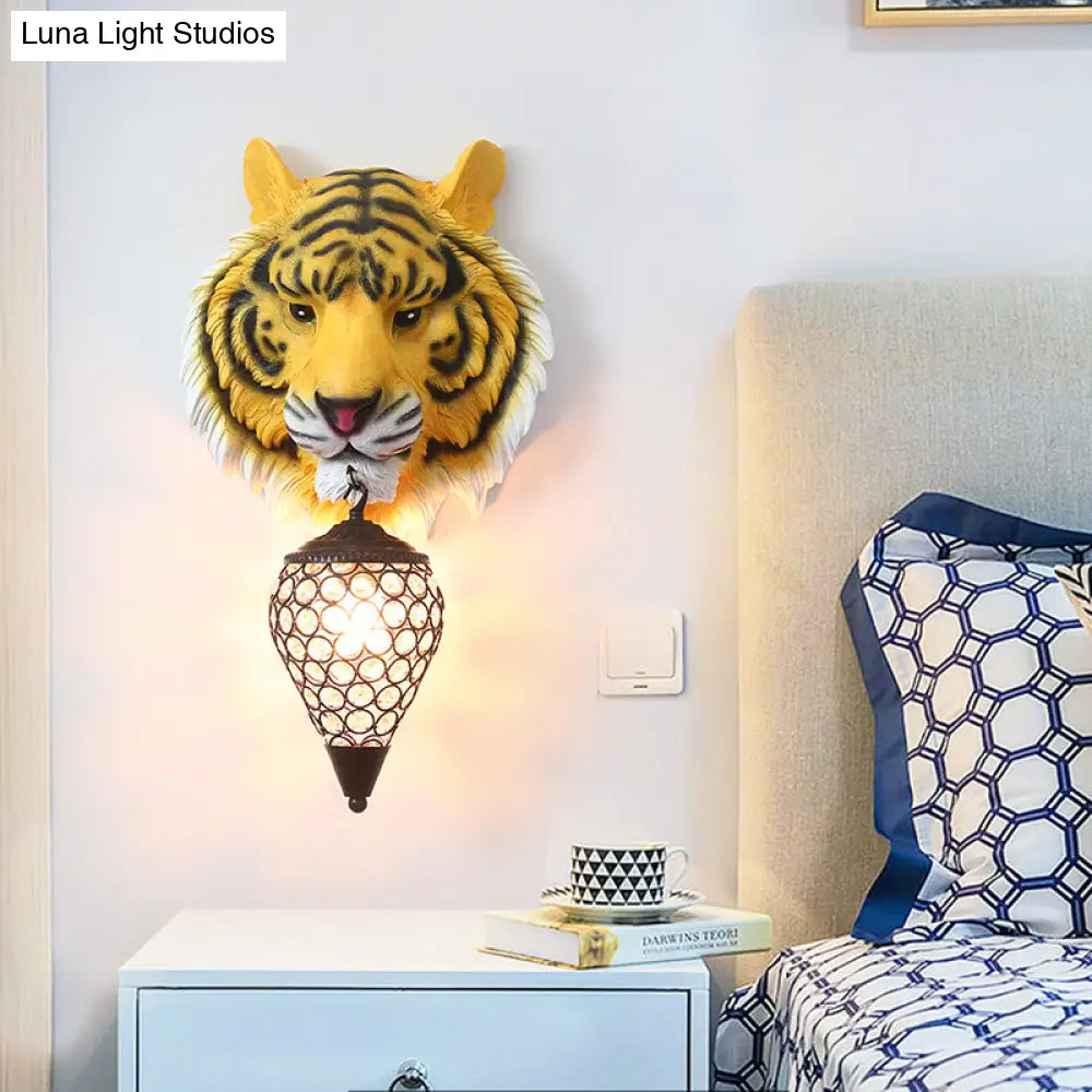 DecorBites™ Country Style Tiger Sconce Wall Lamp for Children's Room - Yellow/Gray Resin with Clear Crystal Shade and 1 Bulb