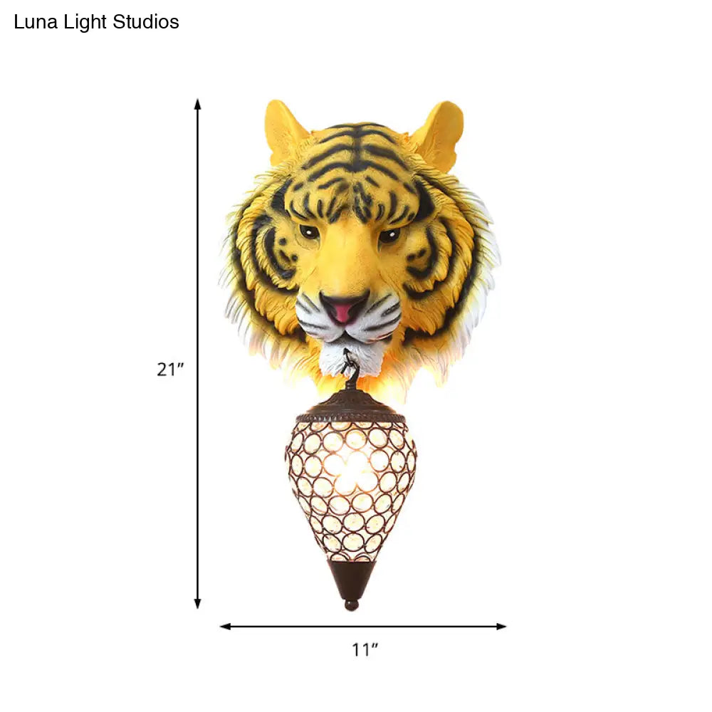 DecorBites™ Country Style Tiger Sconce Wall Lamp for Children's Room - Yellow/Gray Resin with Clear Crystal Shade and 1 Bulb