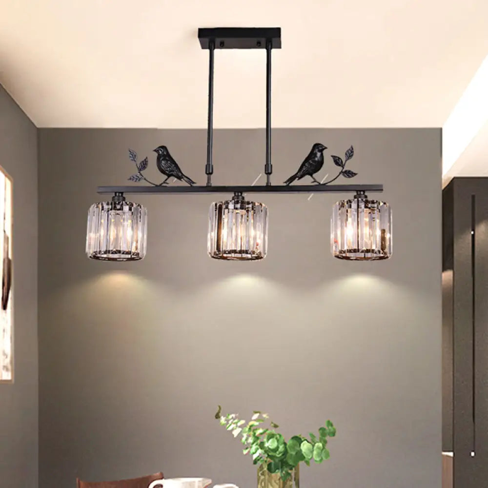 DecorBites™ Crystal Prism Island Light Fixture with Lodge Pendant and Bird-Leaf Decor