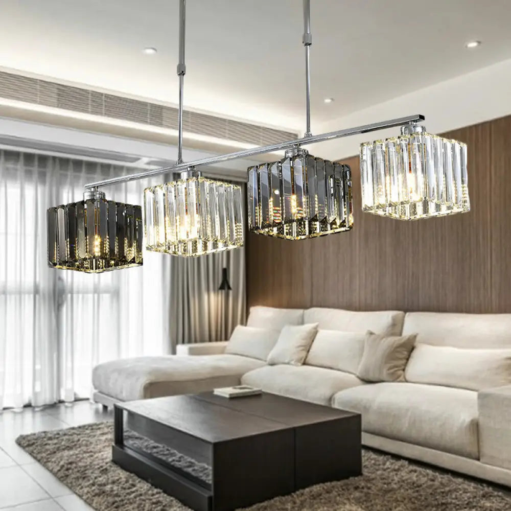 DecorBites™ Cube Island Ceiling Light Modern Crystal Shaded Pendant, Chrome Finish - 3/4 Lights, Table Overhead