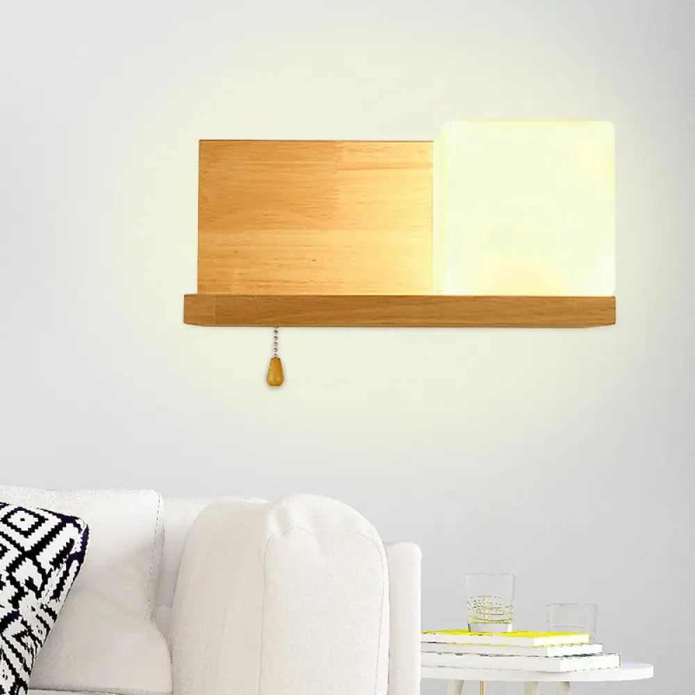 DecorBites™ Cubic Wall Sconce Light with Opaque Glass and Wood Backplate in Beige