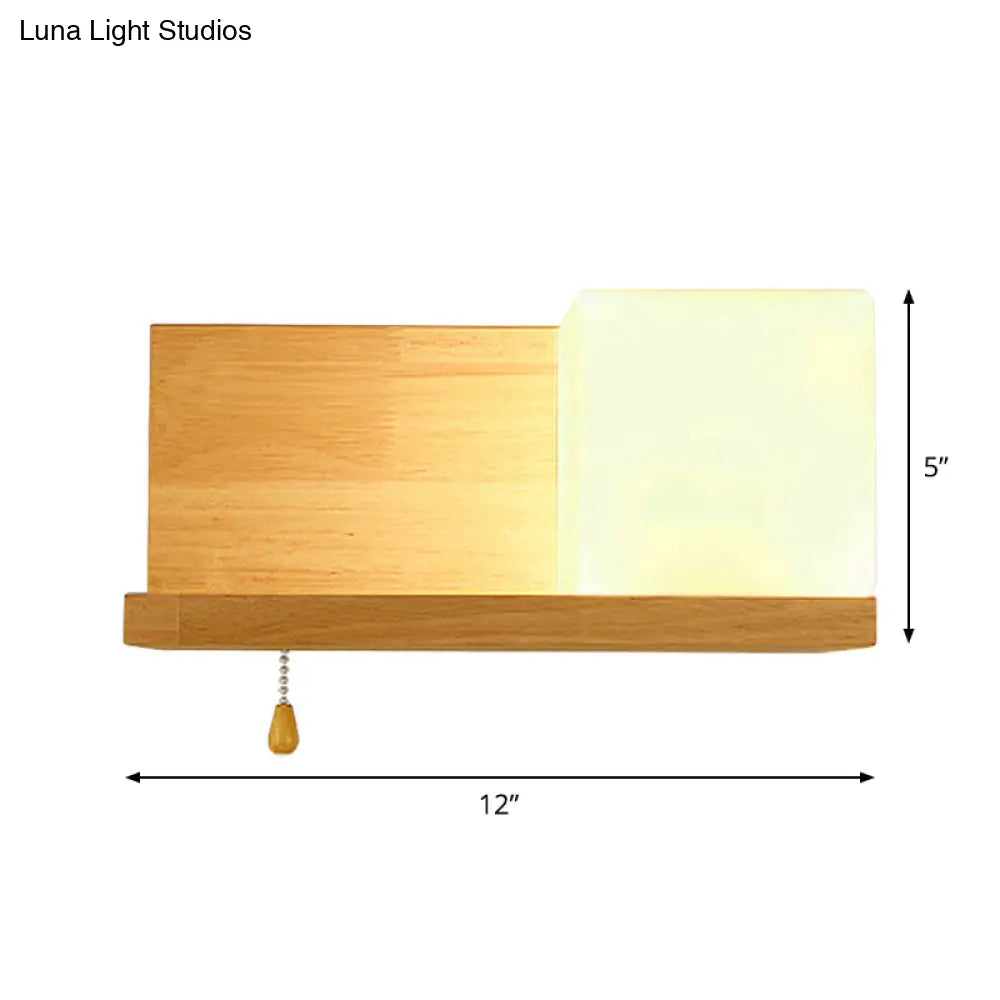 DecorBites™ Cubic Wall Sconce Light with Opaque Glass and Wood Backplate in Beige