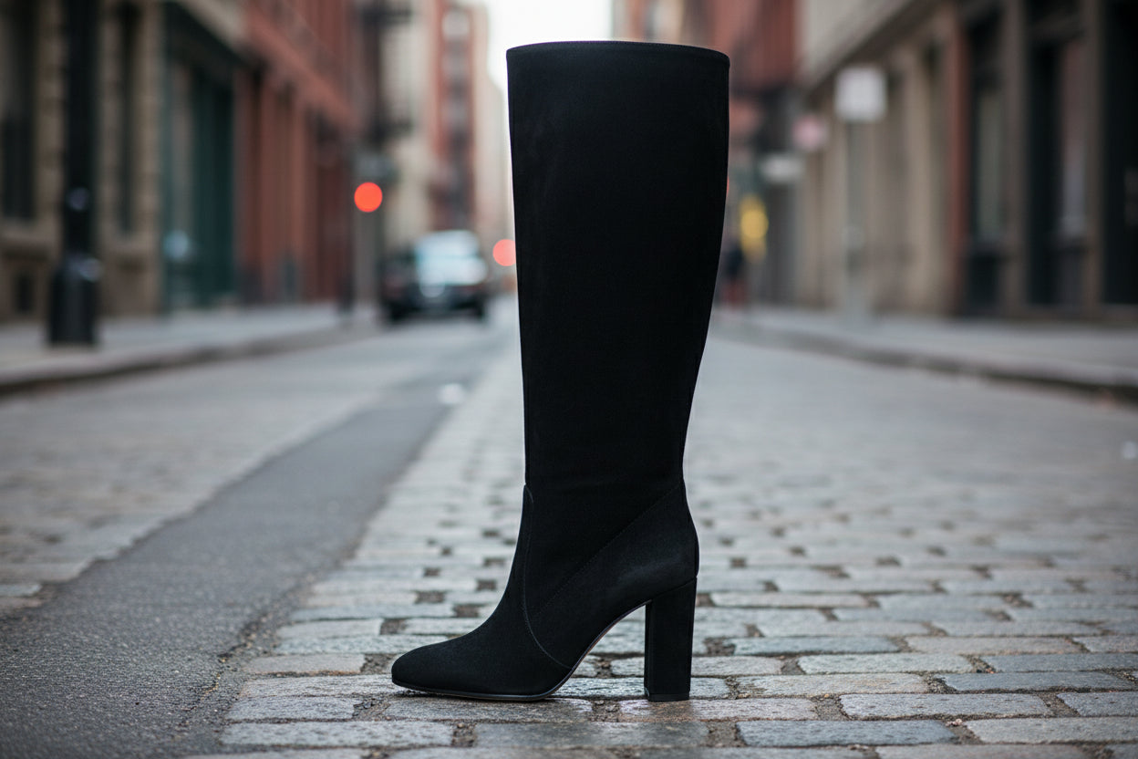 Suede Pleated High Heel Thick Heel Pointed Sleeve Boots