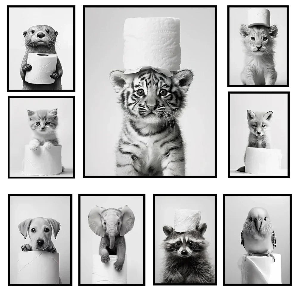 DecorBites™ Bathroom Wall Art: Cute Animal Canvas Posters