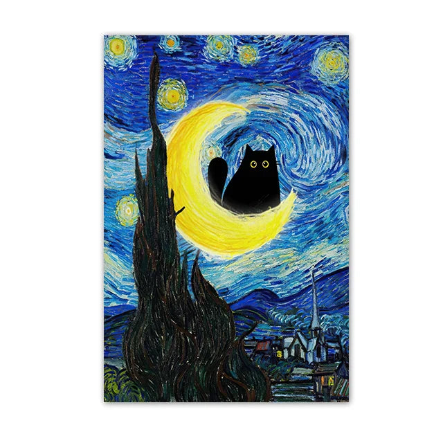 DecorBites™ Black Cat Starry Night Canvas Wall Art