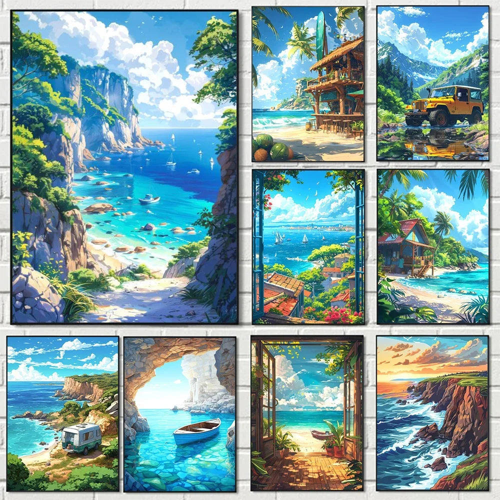 DecorBites™ "Blue Beach Cabin Forest Canvas Wall Art"