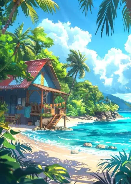 DecorBites™ "Blue Beach Cabin Forest Canvas Wall Art"