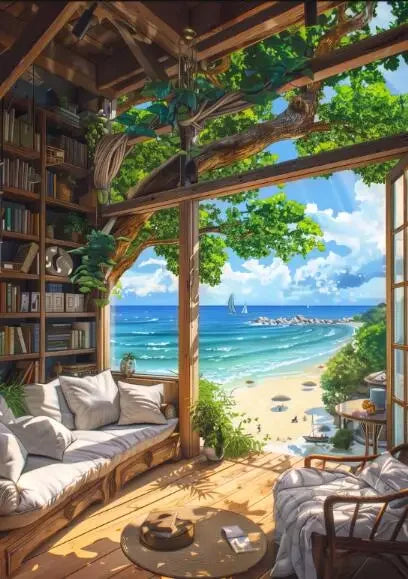 DecorBites™ "Blue Beach Cabin Forest Canvas Wall Art"