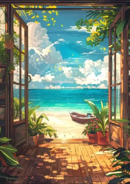 DecorBites™ "Blue Beach Cabin Forest Canvas Wall Art"