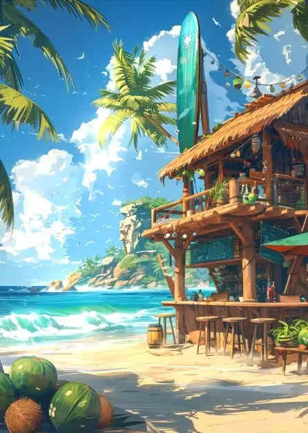 DecorBites™ "Blue Beach Cabin Forest Canvas Wall Art"