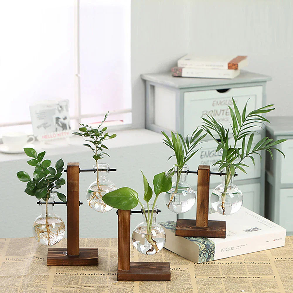 DecorBites™ Glass Bulb Vase with Wooden Stand