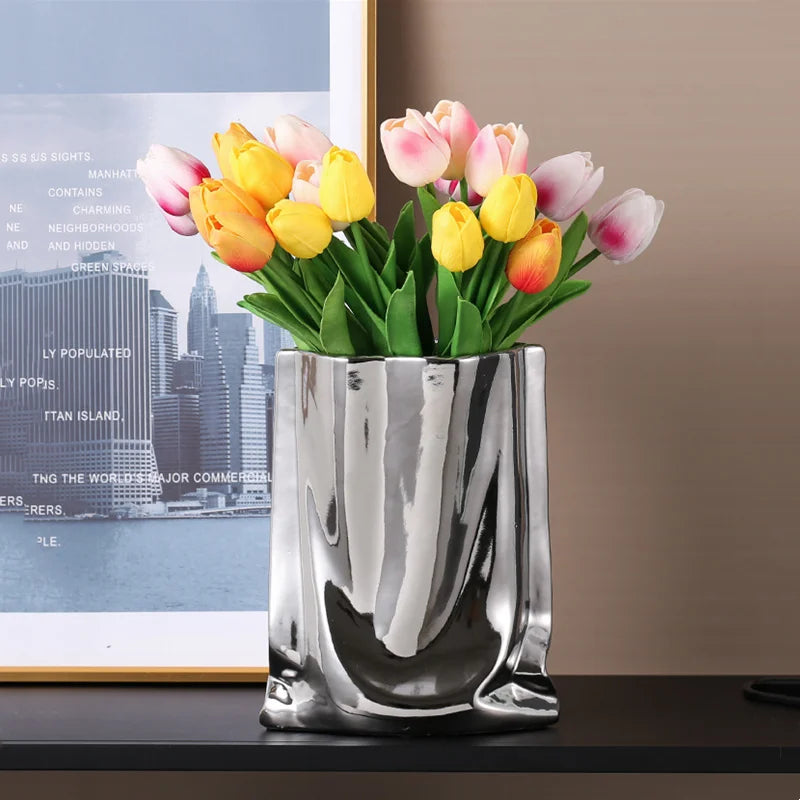 DecorBites™ Silver Ruffled Ceramic Flower Vase