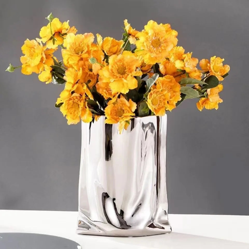 DecorBites™ Silver Ruffled Ceramic Flower Vase