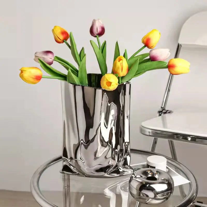 DecorBites™ Silver Ruffled Ceramic Flower Vase