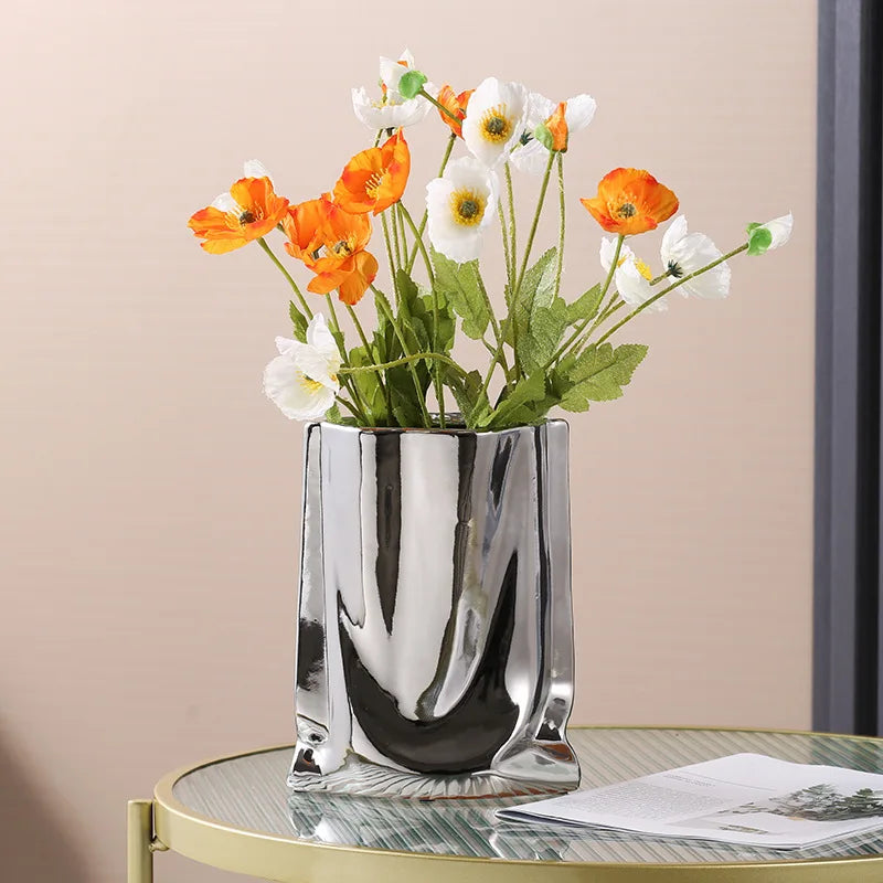DecorBites™ Silver Ruffled Ceramic Flower Vase