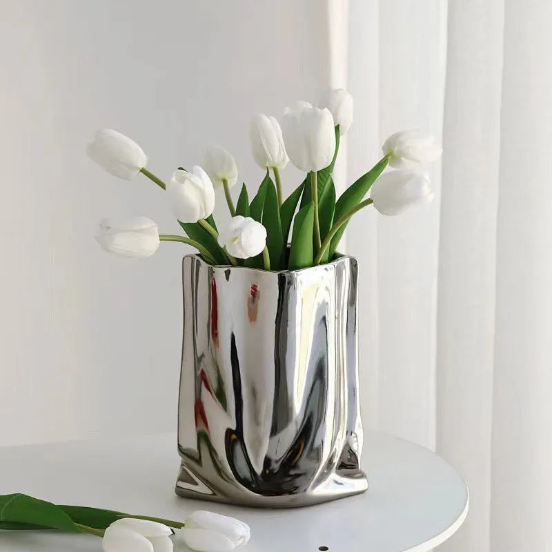 DecorBites™ Silver Ruffled Ceramic Flower Vase