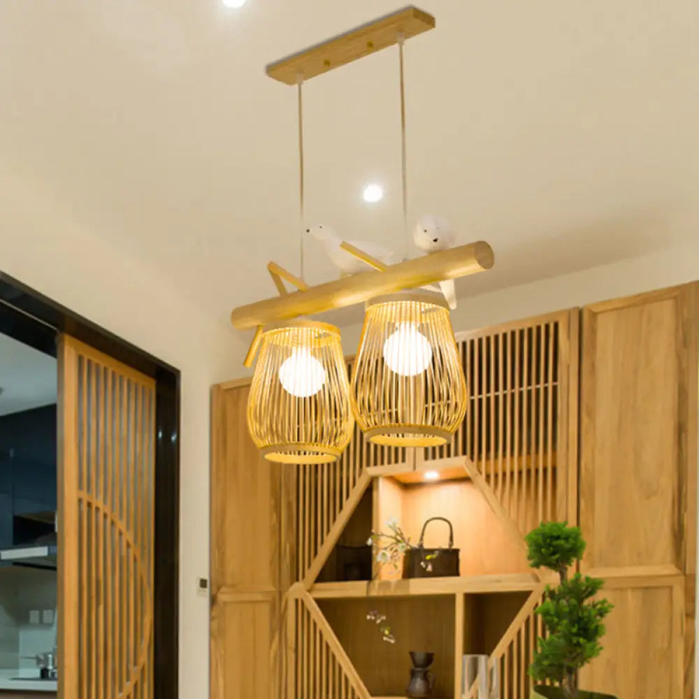 DecorBites™ Dining Room Pendant – Beige Hanging Lamp with Bamboo Barrel Shade