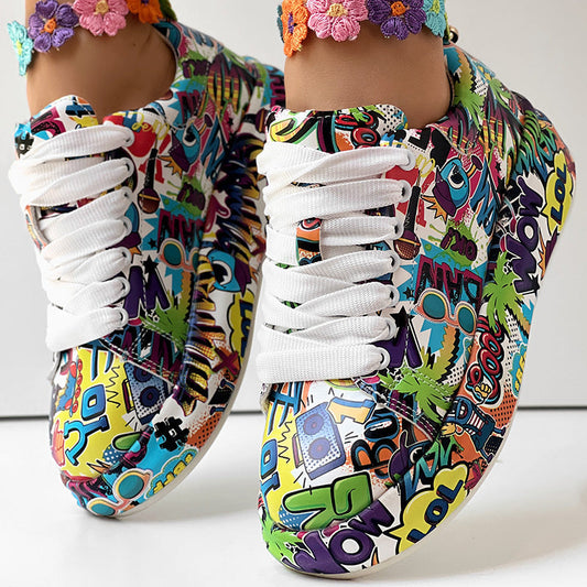 Round-Toe Thick-Sole Lace-Up Sneakers — Women’s Casual Print Shoes