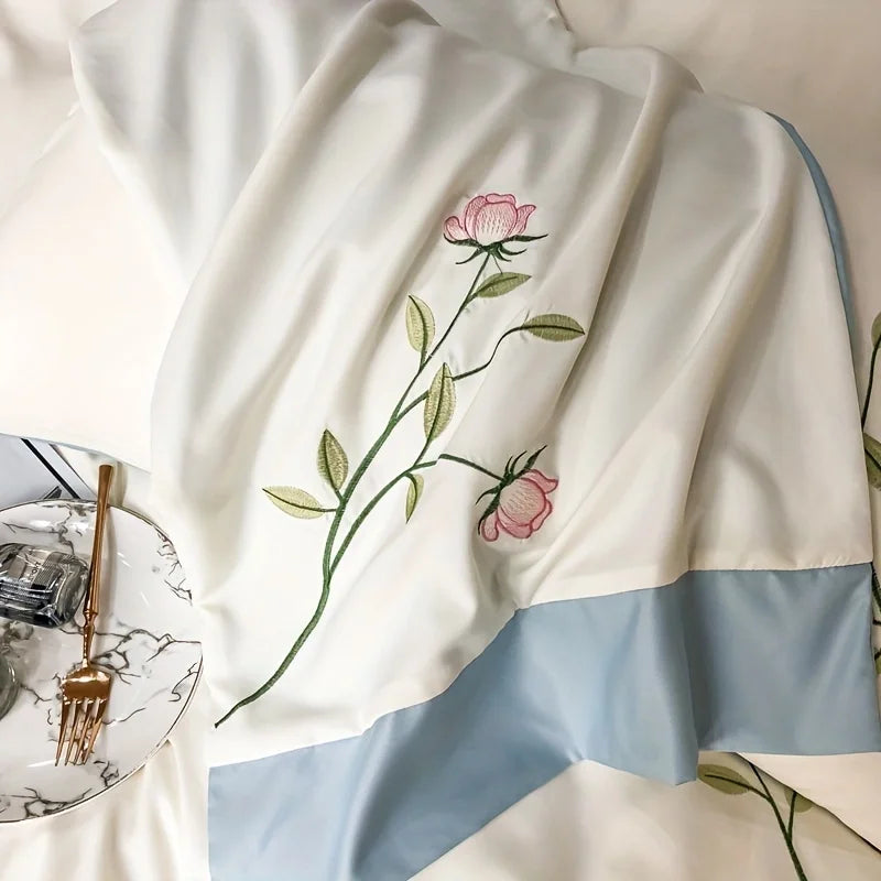 DecorBites™ Elegant Embroidery Duvet Cover Set, Blue Pink, 3 Pieces