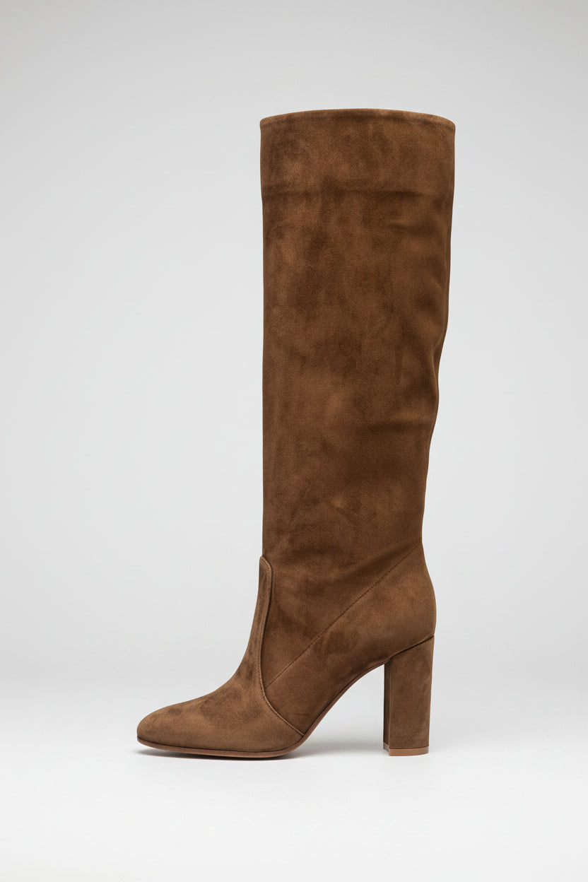 Suede Pleated High Heel Thick Heel Pointed Sleeve Boots