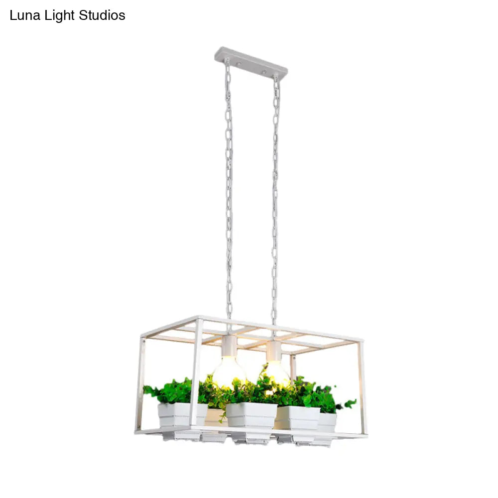 DecorBites™ Factory Metallic Island Lamp with Artificial Plant Deco - Black/White Rectangle, 2 Lights for Living Room