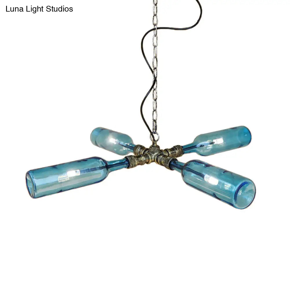 DecorBites™ Farmhouse Style Smoke Gray/Blue Bottle Ceiling Lighting - Glass Hanging Lamp (3/4/5 Lights) in Aged Silver/Black