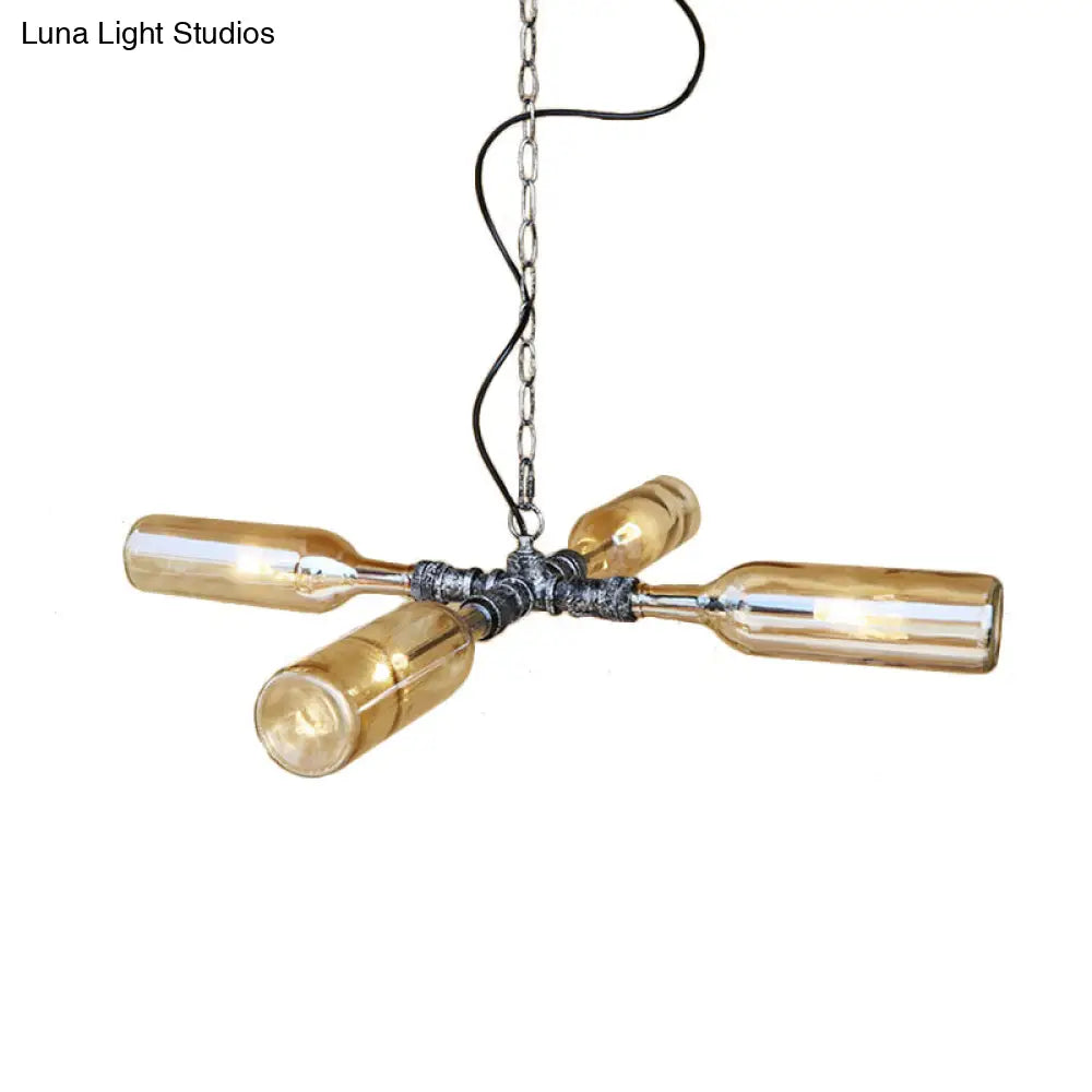 DecorBites™ Farmhouse Style Smoke Gray/Blue Bottle Ceiling Lighting - Glass Hanging Lamp (3/4/5 Lights) in Aged Silver/Black