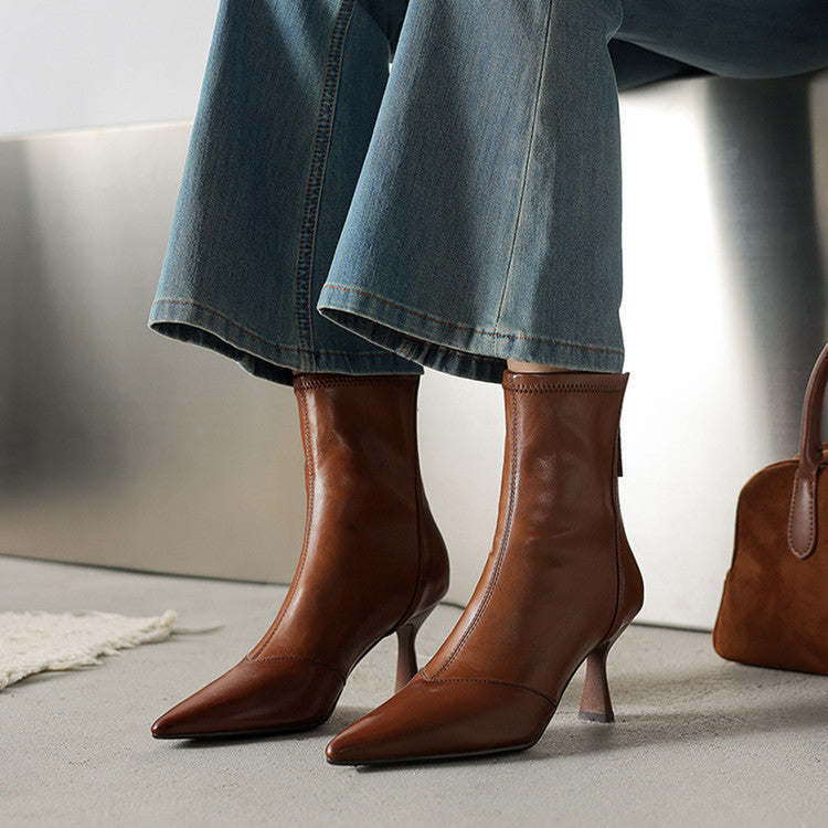 Women’s Cowhide Pointed Toe Stiletto Ankle Boots – Back Zipper High Heel Booties