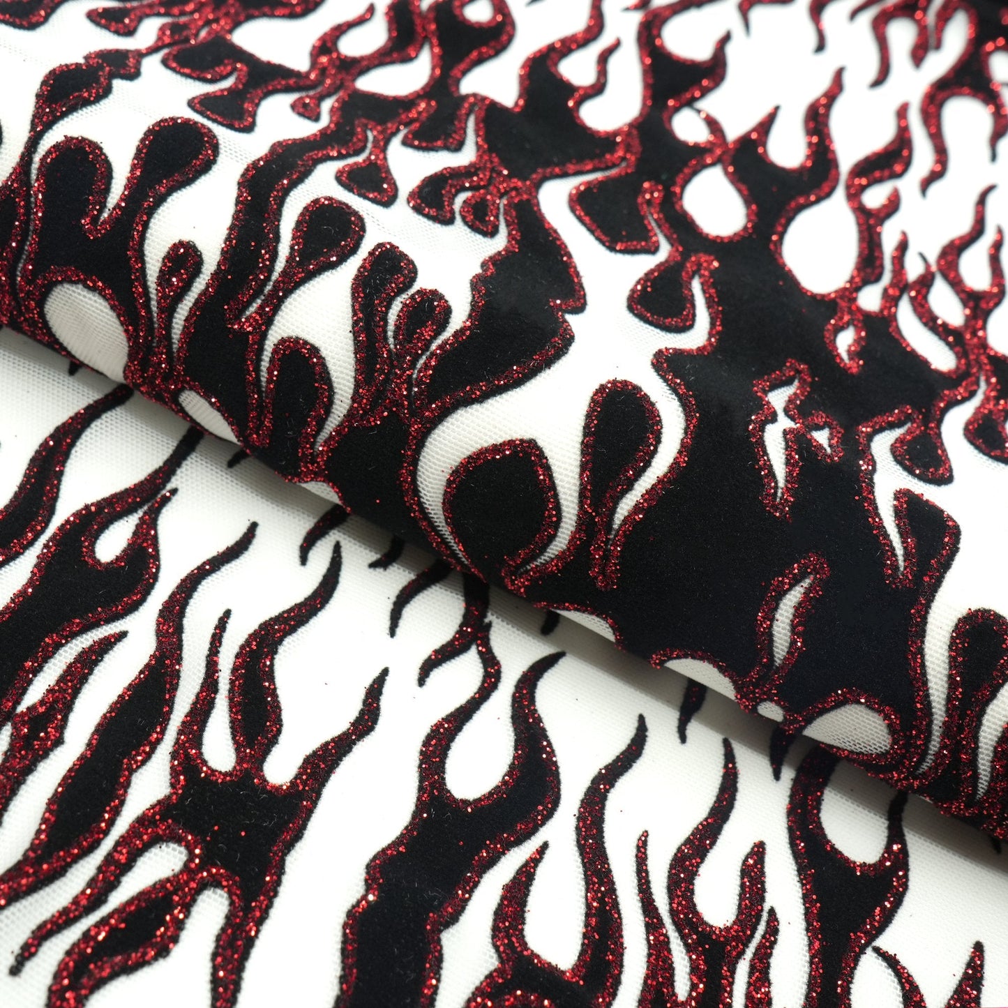 Fiery Glittered Flocked Stretch Mesh Fabric | Blue Moon Fabrics