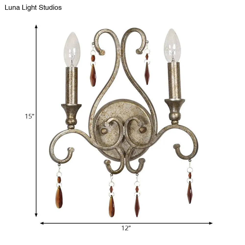 DecorBites™ French Country Iron Candle Wall Sconce with Crystal Deco - Aged Silver 2-Light Fixture