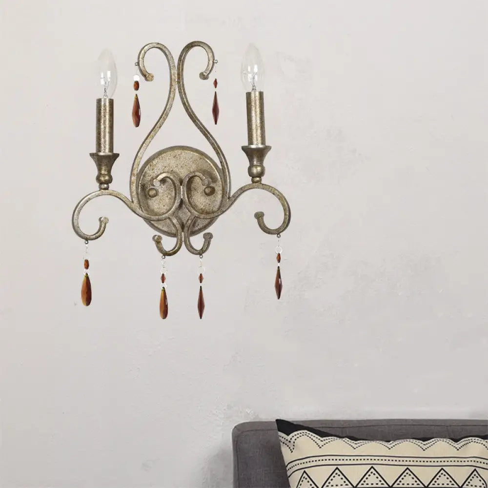 DecorBites™ French Country Iron Candle Wall Sconce with Crystal Deco - Aged Silver 2-Light Fixture